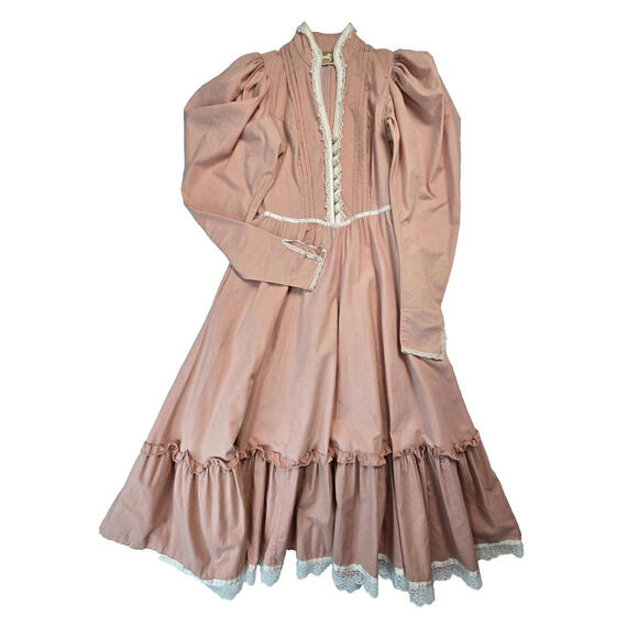 Gunne Sax Jessica McClintock Vintage 70s Pink Lace Pearl Puff Maxi Dress Medium